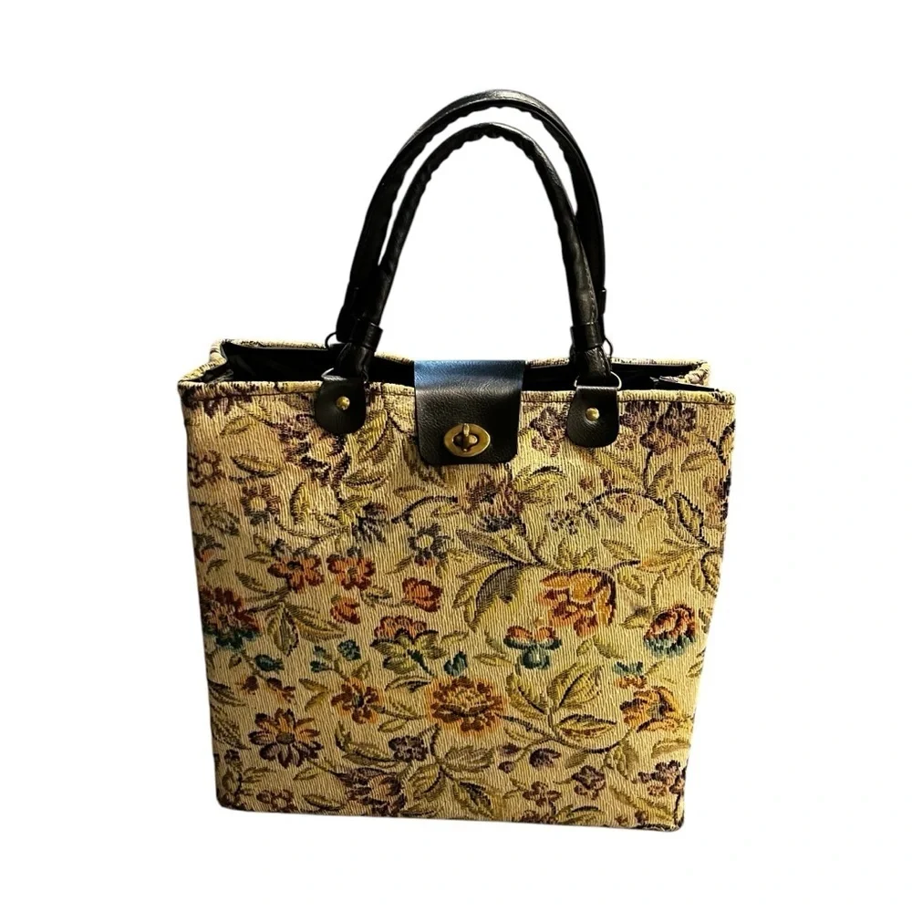 Vintage Tapestry Tote Bag Double Handle 12” X 12”